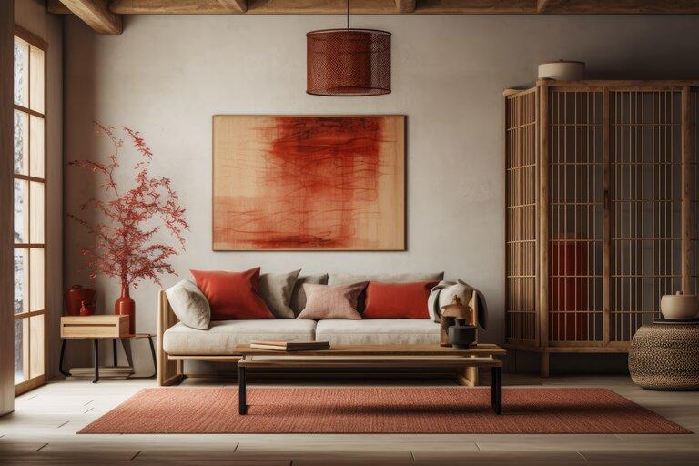 Japandi Wohnzimmer mit weiß und rot, mit Gips Wanddekoration, minimalistische Makramee-Wandkunst und ein Stoffsofa. Wabi-Sabi-Innenarchitektur.