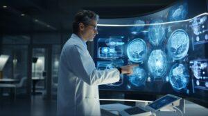 Digitale Hirnforschung. Ein Arzt zeigt auf CT-Bilder.