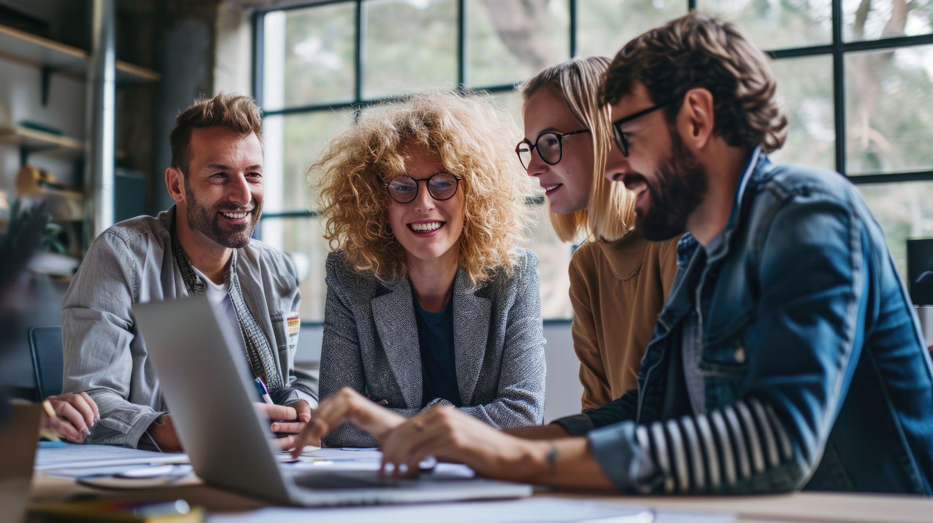 Lächelnde Mitarbeitende bei der Zusammenarbeit im Team – Symbol für erfolgreiche Präventionskultur