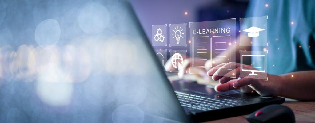 E-Learning Hygiene: Digitale Schulung mit Symbolen wie Monitor, Diplom und Lernmodul auf Laptop