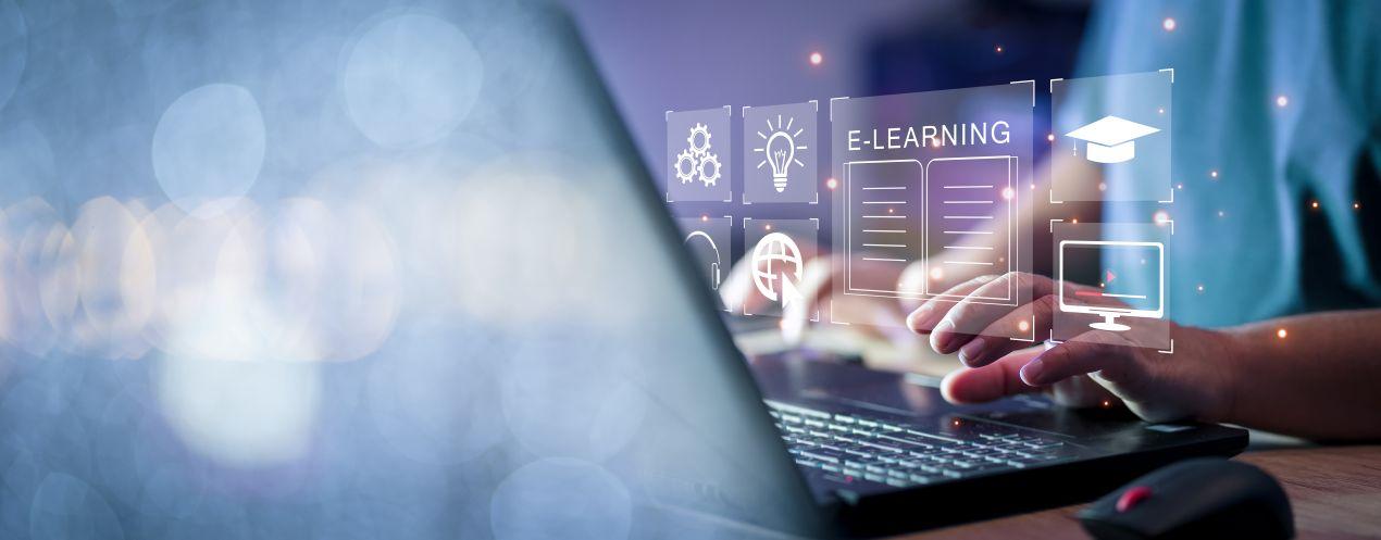 E-Learning Hygiene: Digitale Schulung mit Symbolen wie Monitor, Diplom und Lernmodul auf Laptop
