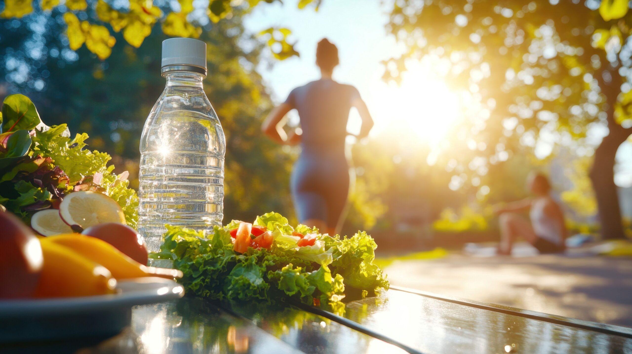 Eine ausgewogene, gesunde Lebensweise durch Ernährung und Fitness fördern, mit Fokus auf ein lebendiges grünes Salatgemüse und eine Wasserflasche.