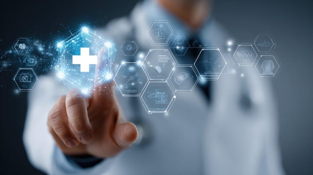 Arzt interagiert mit digitalem Gesundheitsdaten-Interface | medizinische Übersetzung