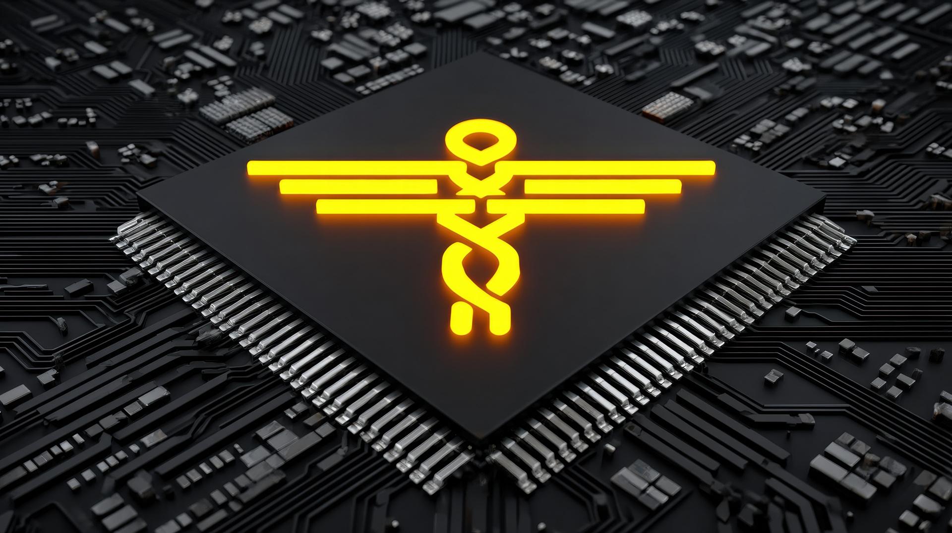 Leuchtendes Medizin-Symbol auf schwarzem Mikrochip | medizinische Übersetzung