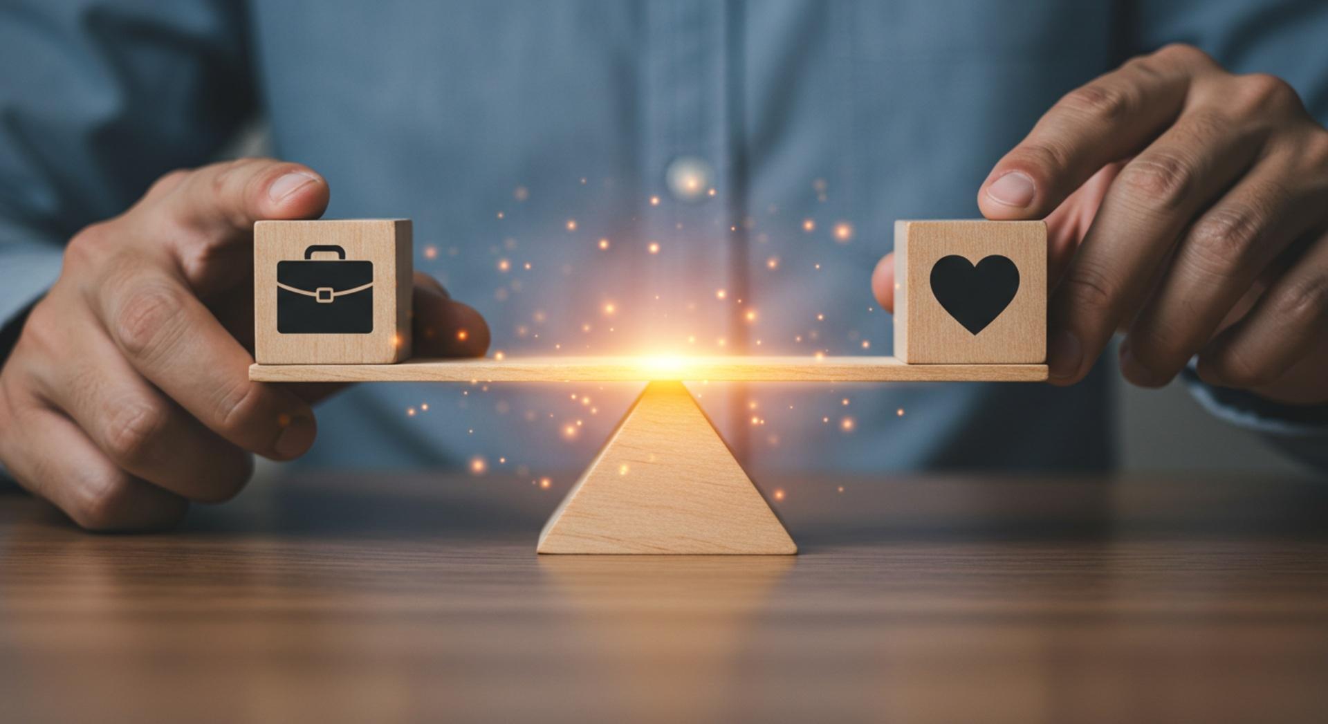 Holzklötze mit Herz und Arbeitssymbol auf Waage | mobiler Arbeitsplatz