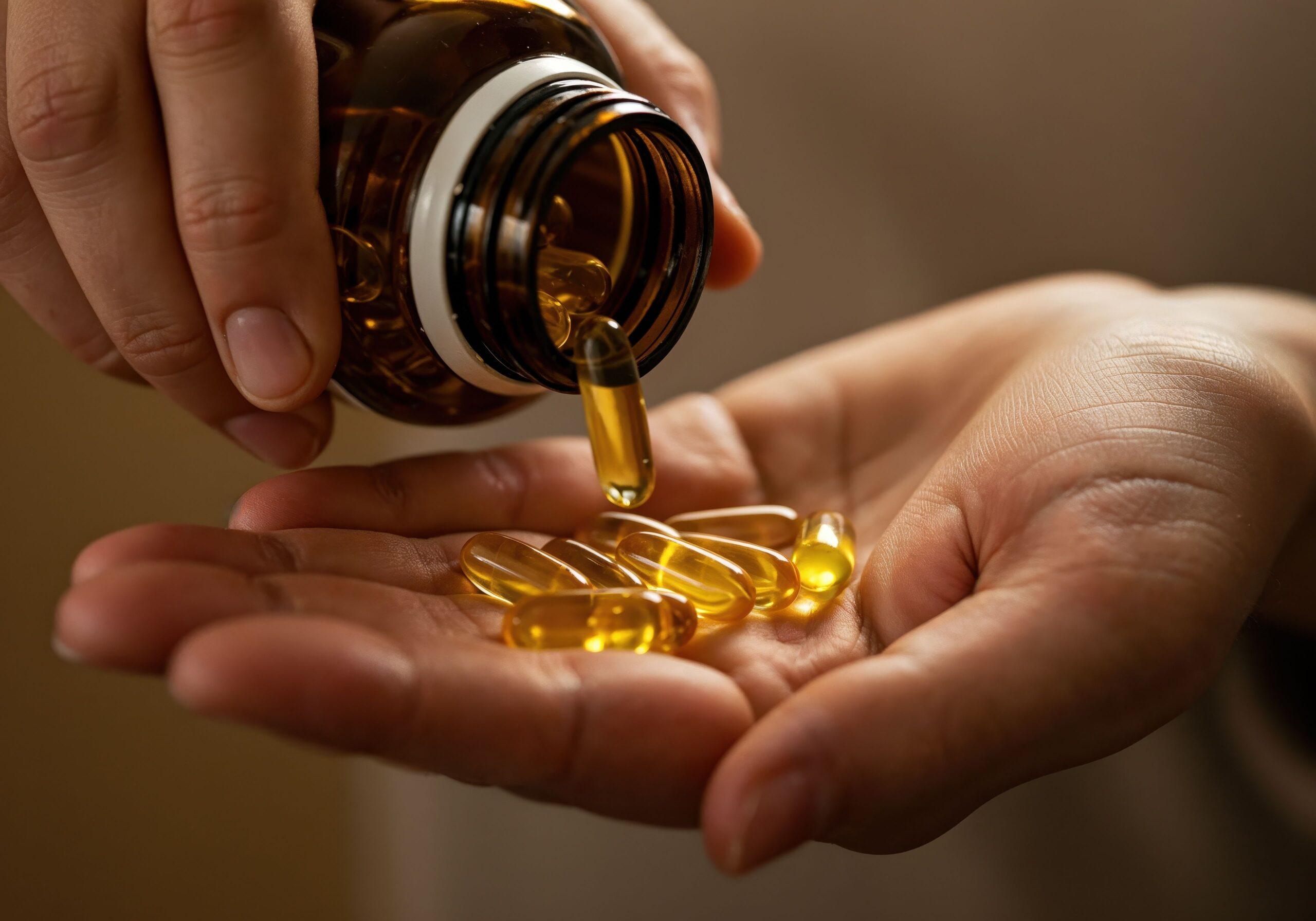 Ausgießen von Kapseln: Eine Nahaufnahme zeigt, wie eine Hand mehrere leuchtend gelbe Kapseln aus einer braunen Glasflasche gießt. Eine intime Aufnahme.