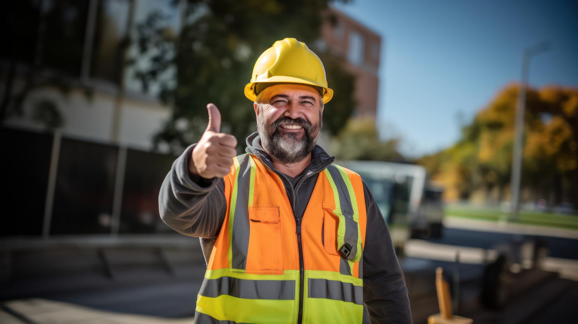 Lachender Arbeiter mit Helm und Sicherheitsweste hebt Daumen | mobiler Arbeitsplatz